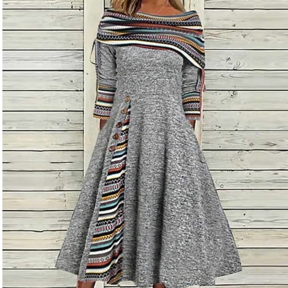 Amazon: Gray Off-Shoulder Dress with Multicolor Accents. Size Medium.
